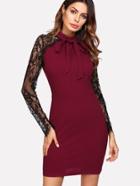 Romwe Bow Tie Front Floral Lace Sleeve Dress