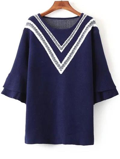 Romwe Bell Sleeve Chevron Pattern Navy Sweater Dress