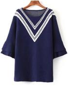 Romwe Bell Sleeve Chevron Pattern Navy Sweater Dress