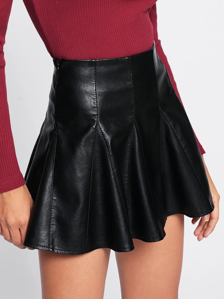 Romwe Faux Leather Flare Skirt