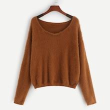 Romwe Round Neck Solid Fuzzy Jumper