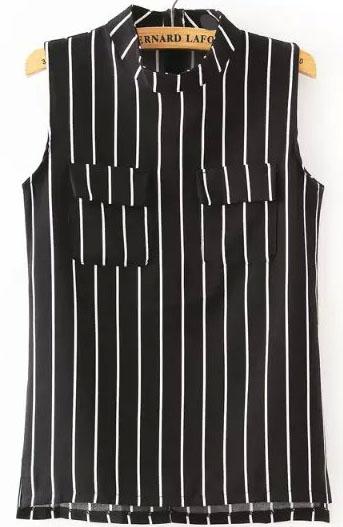 Romwe Stand Collar With Pockers Vertical Striped Black Tank Top