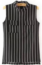 Romwe Stand Collar With Pockers Vertical Striped Black Tank Top