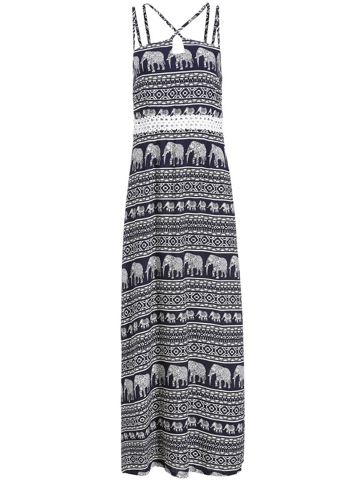 Romwe Spaghetti Strap Tribal Print Contrast Crochet Dress