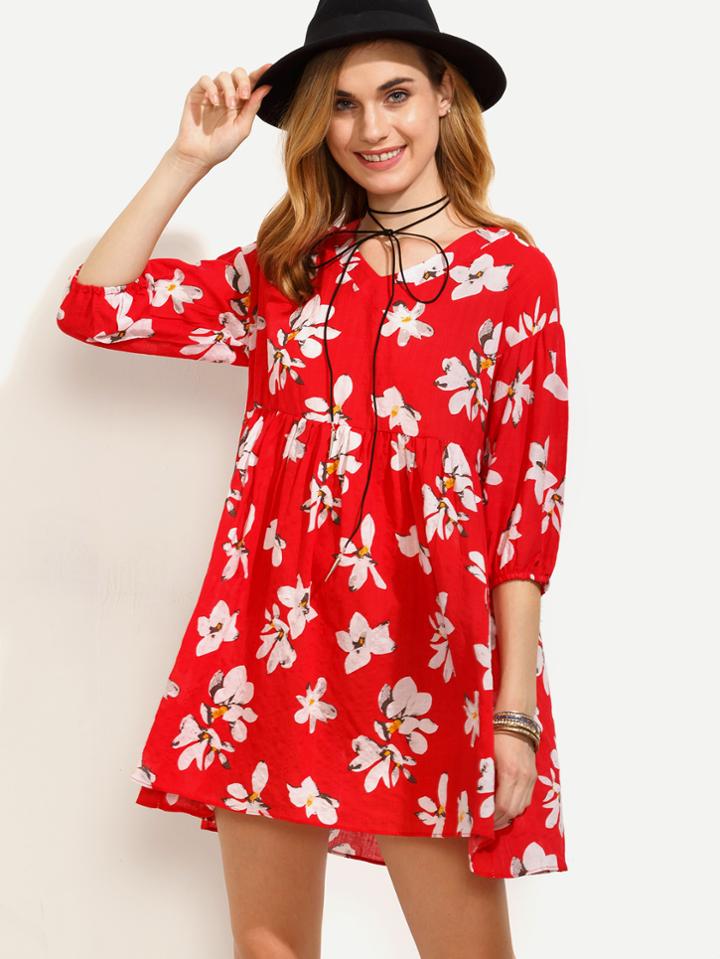 Romwe Red Flower Print High Waist Dress