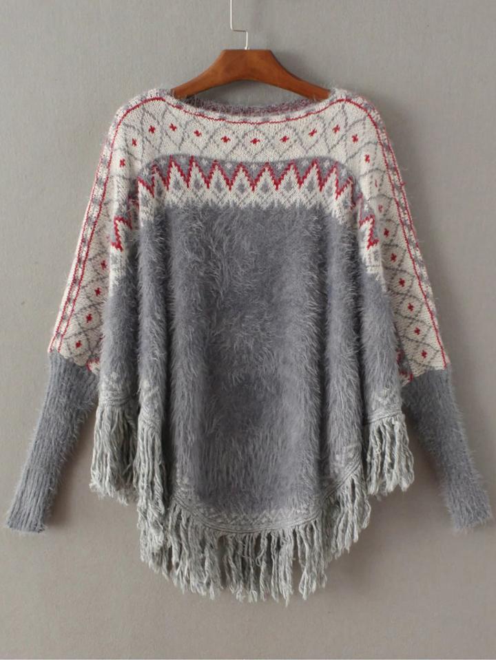 Romwe Grey Geometric Fringe Poncho Mohair Sweater