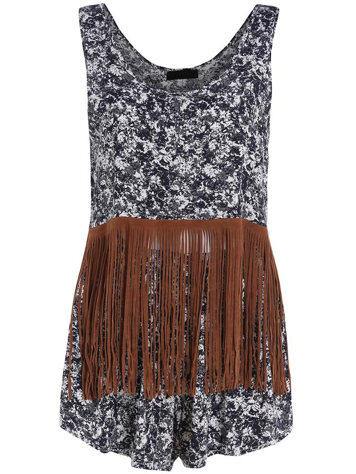 Romwe Flower Print Tassel Tank Top With Elastic Waist Shorts