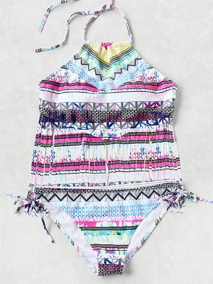 Romwe Graphic Print Fringe Trim Halter Tankini Set