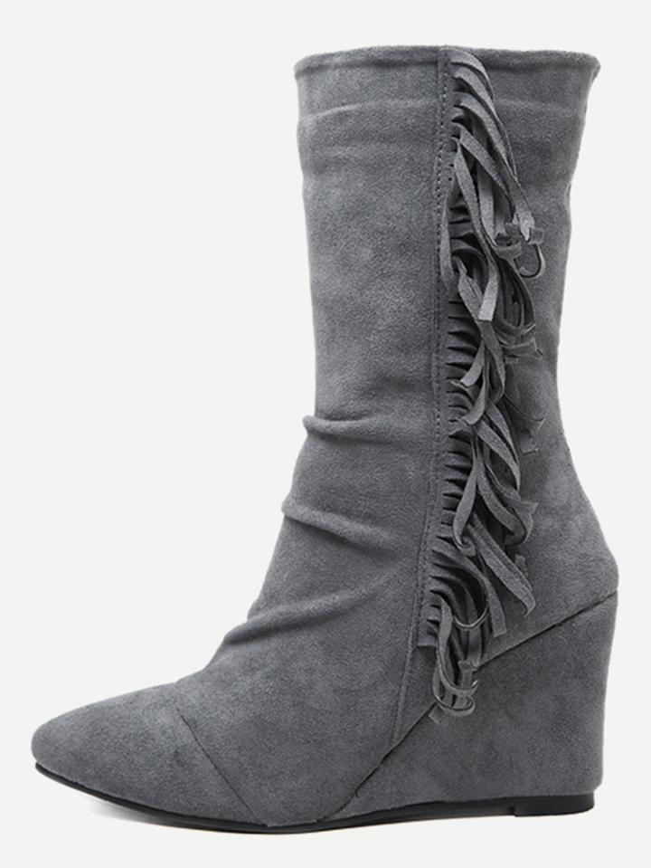 Romwe Grey Suede Almond Toe Fringe Side Mid Calf Wedge Boots