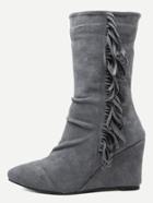 Romwe Grey Suede Almond Toe Fringe Side Mid Calf Wedge Boots