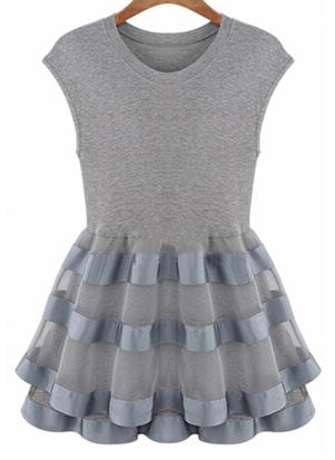Romwe Round Neck Frill Flare Grey Dress