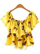 Romwe Yellow Off The Shoulder Ruffle Floral Blouse