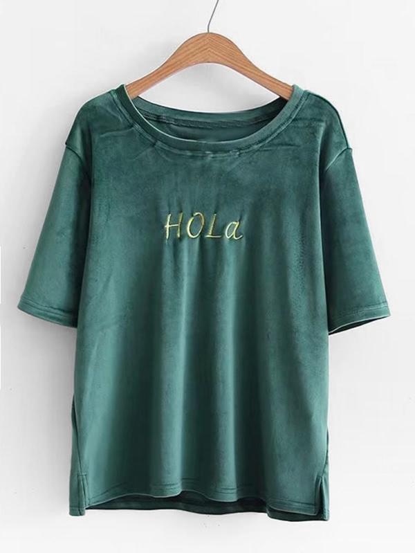 Romwe Slogan Embroidery Velvet Tee