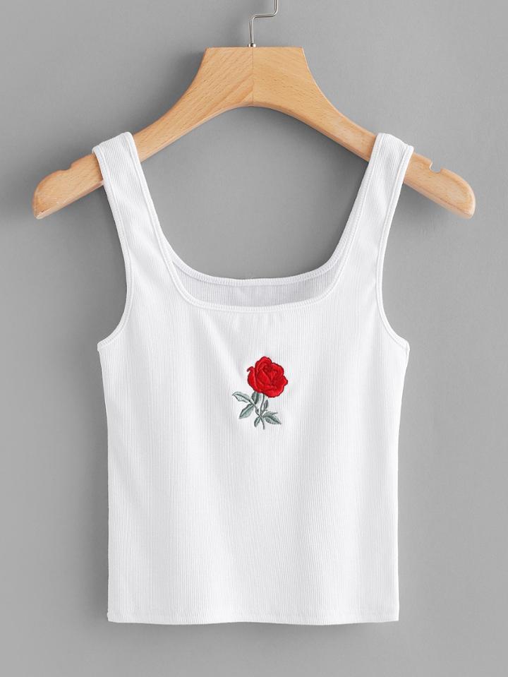 Romwe Rose Embroidered Ribbed Top