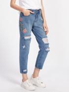 Romwe Flower Embroidered Distressed Jeans