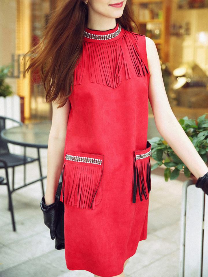 Romwe Red Round Neck Backless Sleevless Beading Pockets Tassel Dress