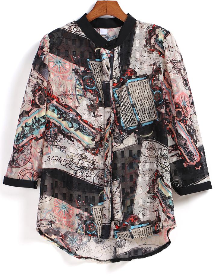 Romwe Half Sleeve Dip Hem Vintage Print Chiffon Blouse