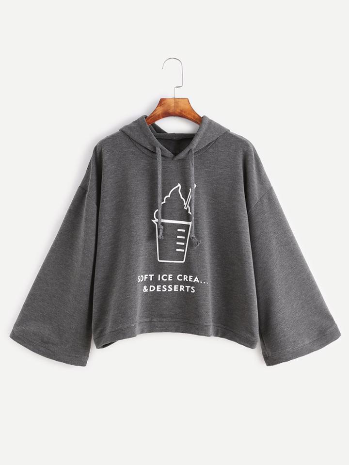 Romwe Dark Grey Ice Cream Print Hooded Sweatshirt