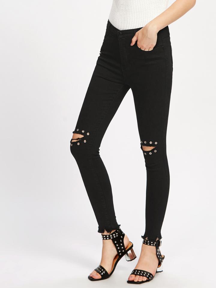 Romwe Raw Hem Skinny Destroyed Knee Jeans
