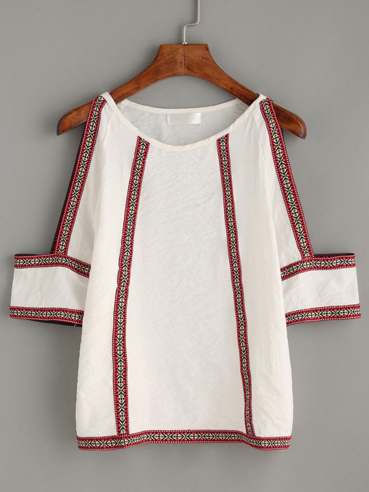 Romwe White Open Shoulder Top With Embroidered Tape Detail