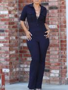 Romwe Lapel Pockets Buttons Navy Jumpsuit