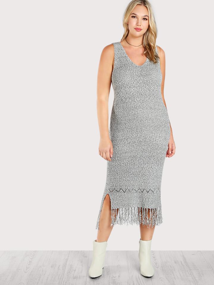 Romwe Knitted Frayed Hem Sleeveless Dress Grey