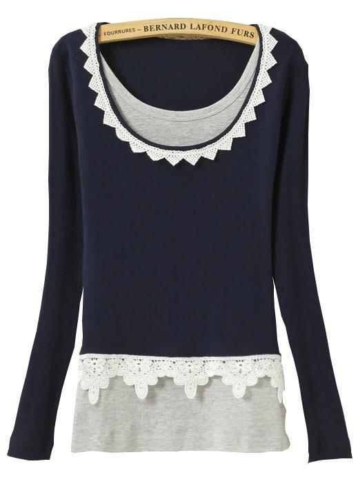 Romwe Contrast Lace Long Sleeve Navy T-shirt