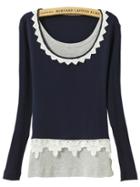 Romwe Contrast Lace Long Sleeve Navy T-shirt
