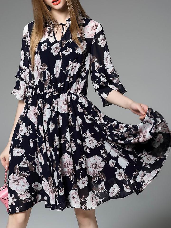 Romwe Navy Tie Neck Bell Sleeve Print Dress