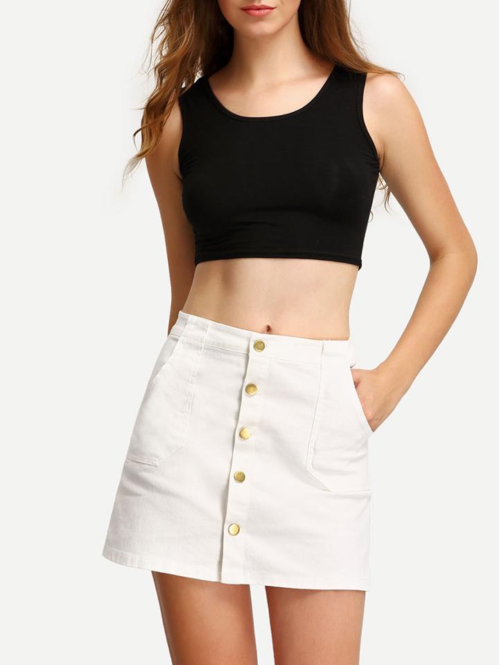 Romwe Buttoned Placket White Denim Skirt