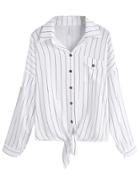 Romwe Vertical Striped Dropped Shoulder Seam Knot Front Pocket Blouse