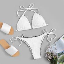 Romwe Lettuce Trim Shirred Top With Tie Side Bikini