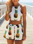 Romwe Spaghetti Strap Pineapple Print Backless With Shorts