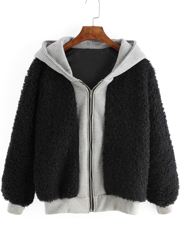Romwe Hooded Zipper Loose Black Sweatshirt