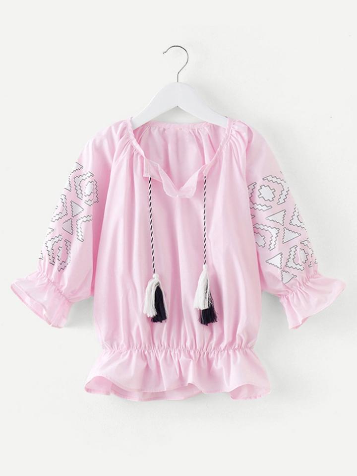 Romwe Tassel Tie Geo Pattern Blouse