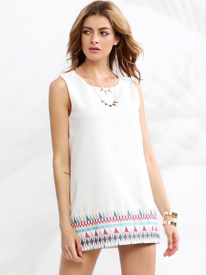 Romwe White Embroidered Tank Dress