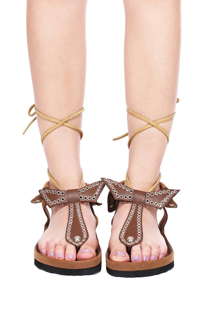 Romwe Romwe Hollow T-shaped Lace-up Brown Flat Sandals