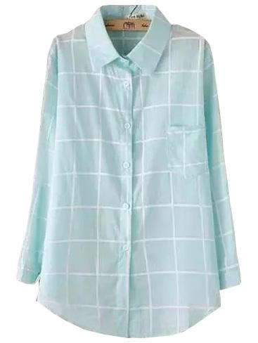 Romwe Plaid Pocket Blue Blouse