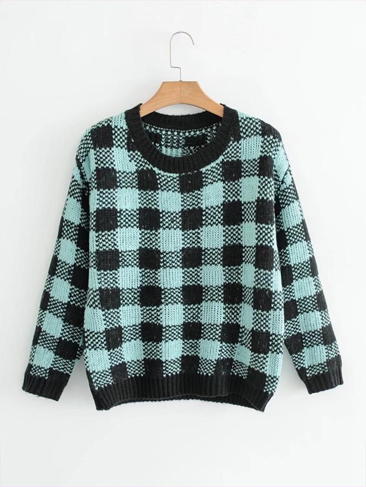 Romwe Rib Trim Check Sweater