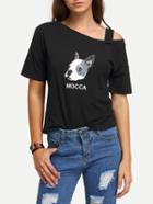 Romwe Open Shoulder Dog Print T-shirt
