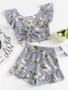 Romwe Allover Florals Bow Tie Detail Frill Top With Shorts