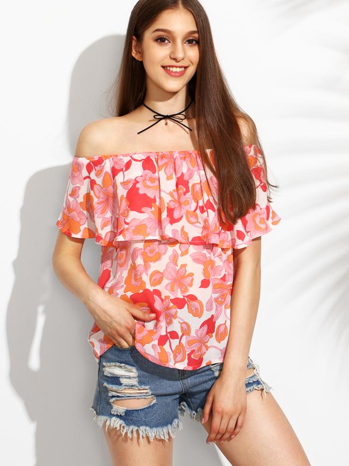 Romwe Floral Print Off The Shoulder Ruffle Blouse