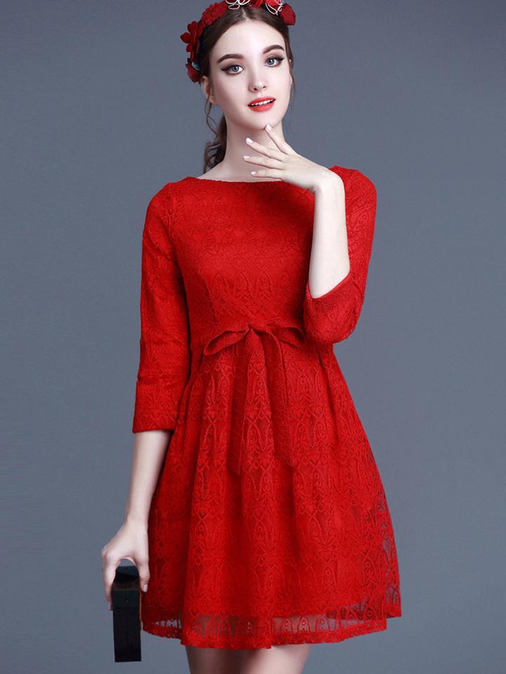 Romwe Red Round Neck Length Sleeve Bow-tie Lace Dress