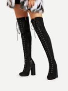 Romwe Block Heeled Lace Up Front Thigh High Boots
