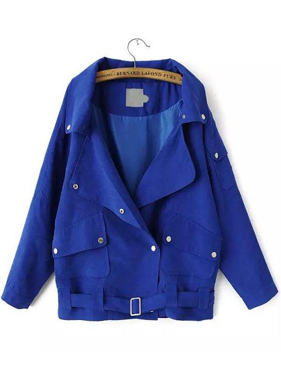 Romwe Lapel With Pockets Self-tie Blue Coat