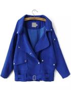 Romwe Lapel With Pockets Self-tie Blue Coat