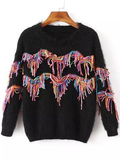 Romwe Tassel Fuzzy Black Sweater