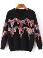 Romwe Tassel Fuzzy Black Sweater