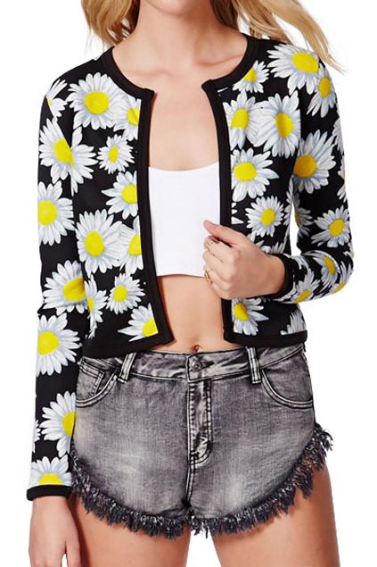Romwe Daisy Print Dual-tone Buttonless Coat