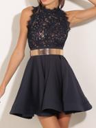 Romwe Sleeveless Lace Flare Black Dress